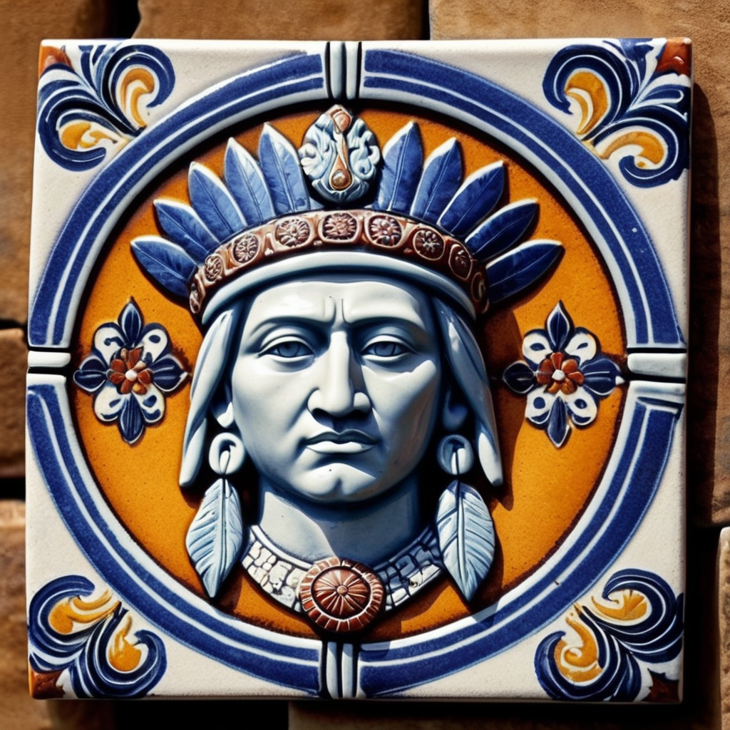 Square ceramic glazed tile with medieval art native American head, Azulejo