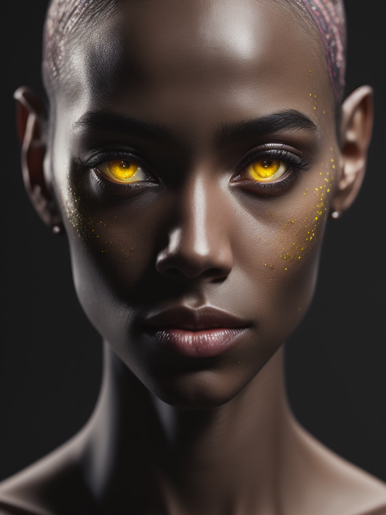 Beautiful alien girl with pink skin and yellow eyes, portrait, black background