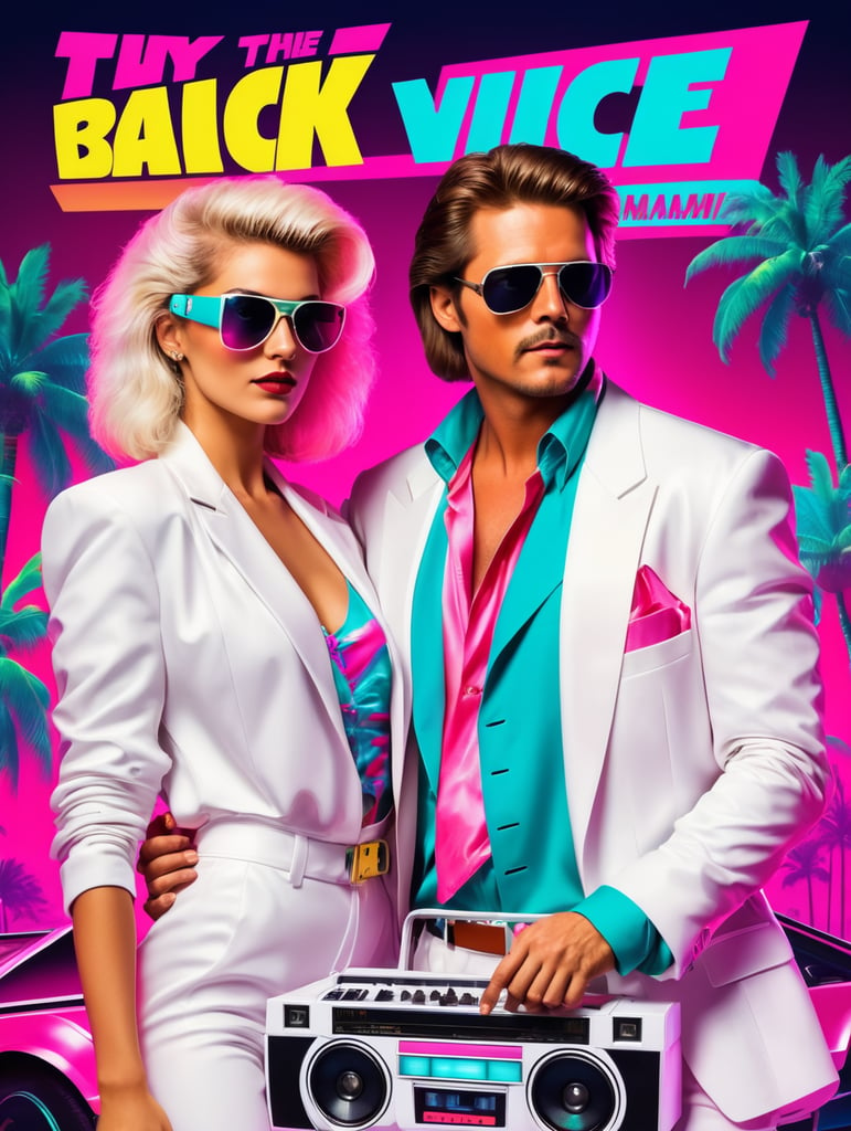 80's Back To The Future style retro party poster featuring guy and girl in white Miami vice suits, holding boom box, neon vibrant colours, synthwave, disco vibes,