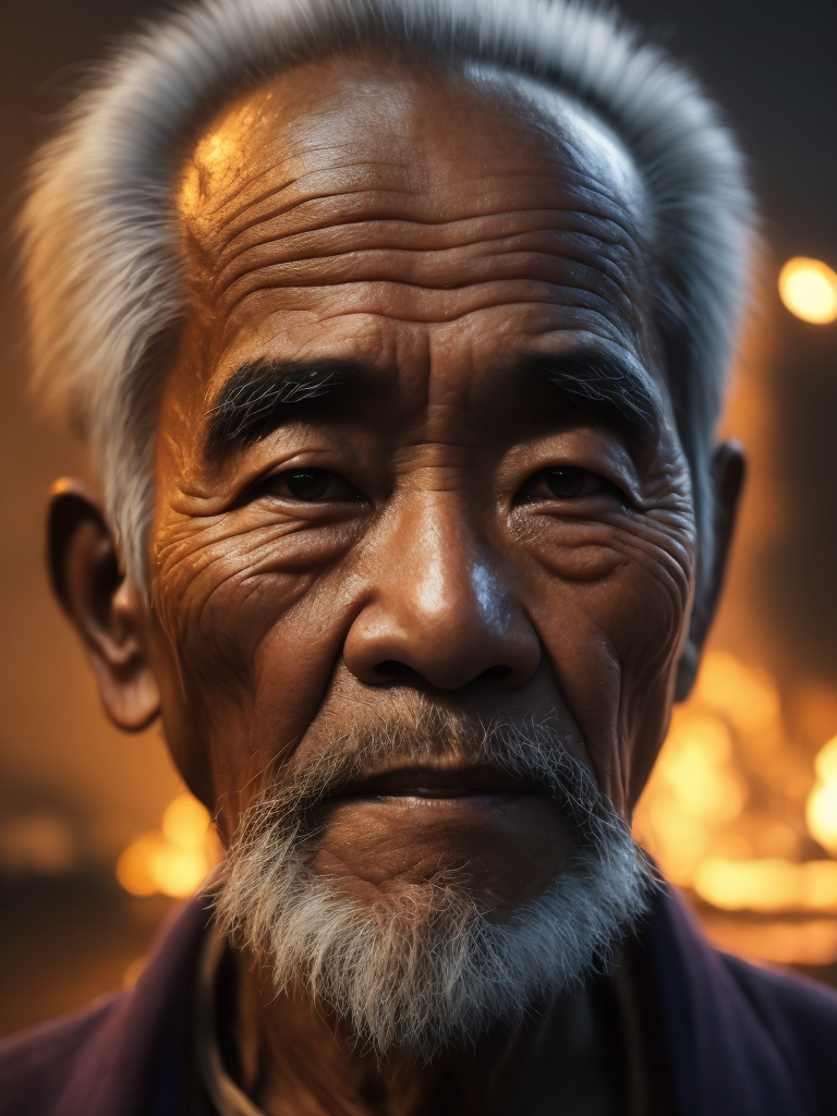 A close-up of a Vietnamese old man's face, illuminated by the light of a fire, with a backdrop of a dirty river and a shanty town.