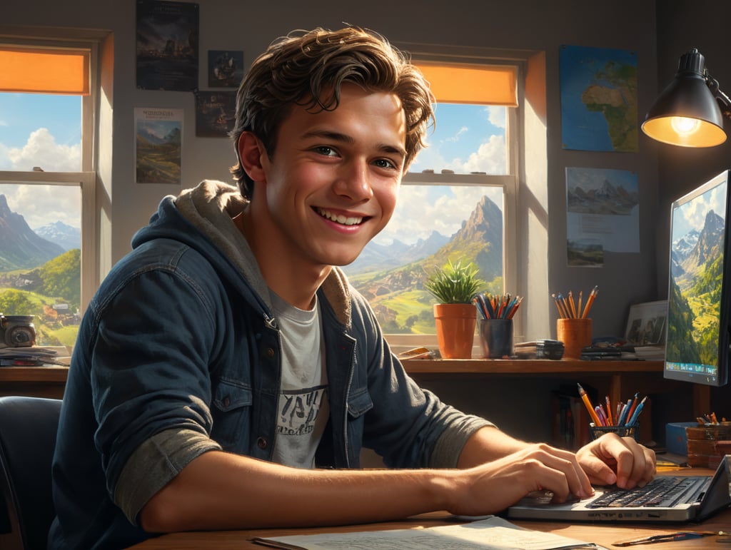 A young student, about 15 years of age, sitting at a desk and working at laptop. The face is brightly lit. Daylight scene, student bedroom. He is happy and excited, eyes and mouth wide open, sparks in the background, afternoon lighting, soft focus, bright colours