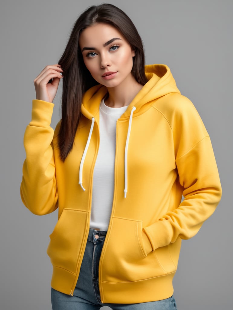 Portrait of a beautiful young woman wearing blank yellow hoodie, minimalism, mockup, mock up