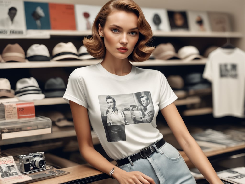 Extremely detailed photographic image, grained image, beautifully composed, monochrome image, 50's fashionable image, fashionable magazine photography, leica summicron 35mm f2.0, kodak 400tx, fashion photography, fashionable model, william s. burroughs, Woman wearing blank white T-Shirt in Clothing Store Mockup, mock up
