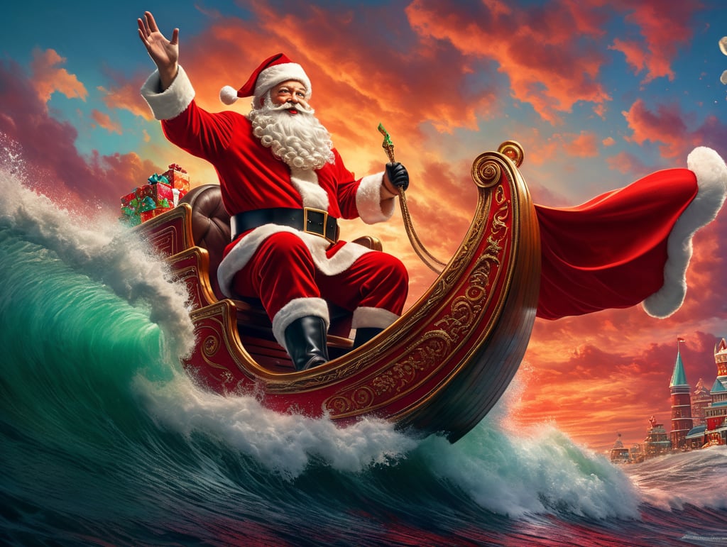 Santa Claus Surfing, Saturated colors, red outfit