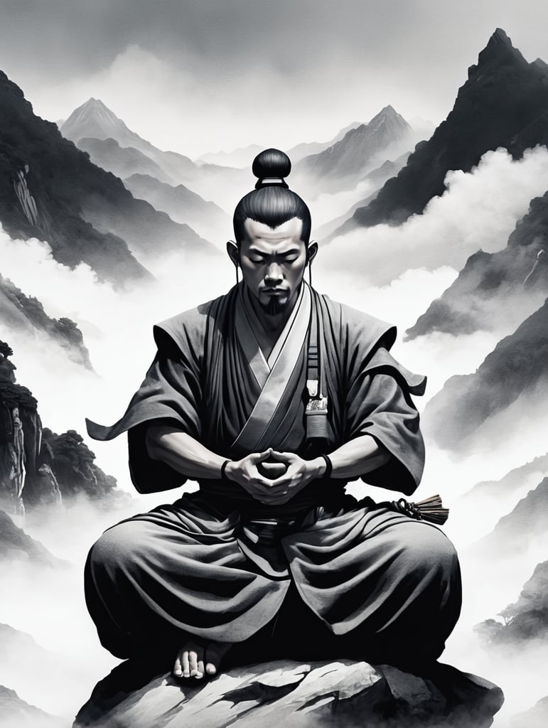 Anime Monk meditating in mountains