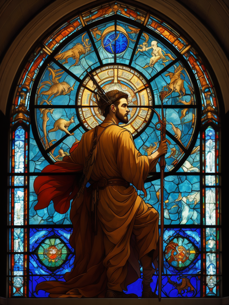 Zodiac signs, man with bow and arrow, stained glass cathedral, alphonse mucha, james jean, erin hanson, hyperdetailed, backlit