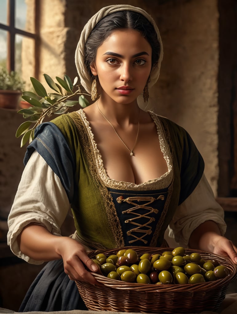 Portrait of a young, dark and beautiful Italian girl growing green olives from Sicily in 17th century Italian folk peasant clothing with low cut and full breasts, dramatic lighting, depth of field, olive gardens with clearly and regularly defined shapes in the background. The olives should have a beautiful, even structure. Incredibly high detail, holding a basket of olives in your hands, a wicker basket with the correct texture, olives in a basket of the correct texture with beautiful berries.