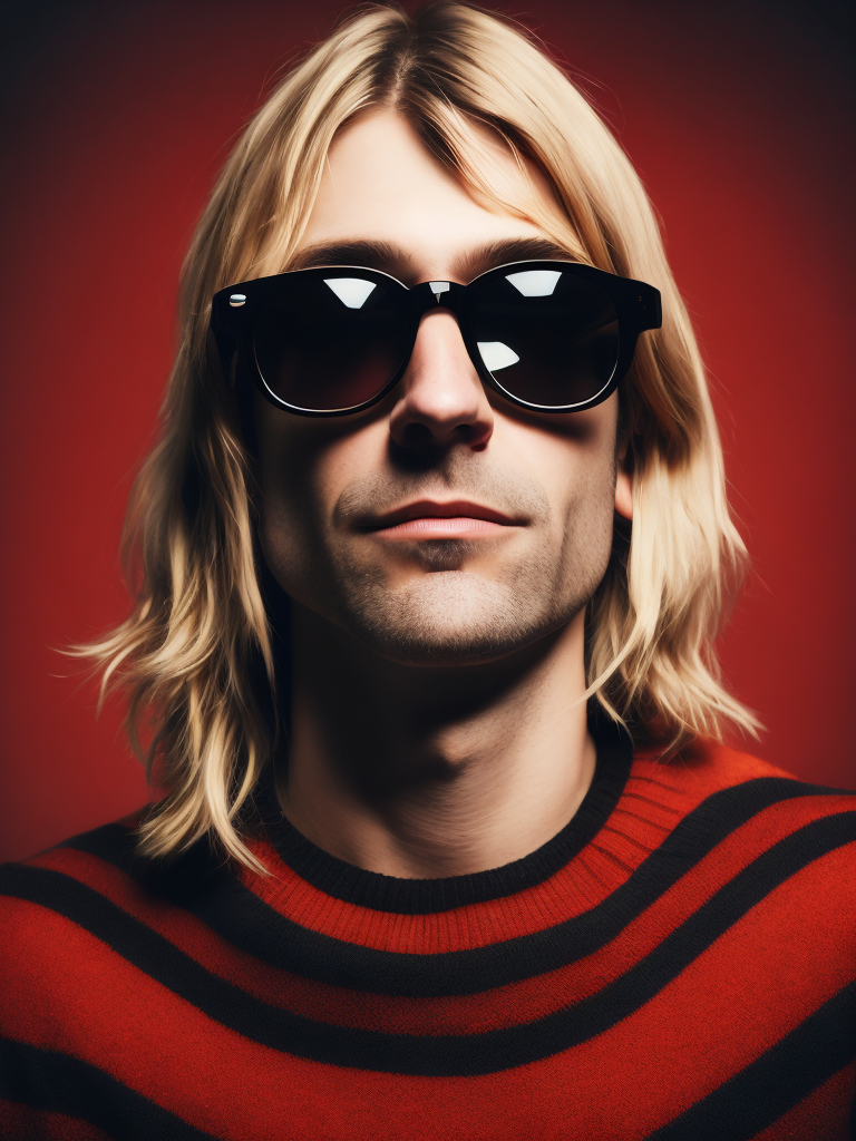 Kurt Cobain is wearing a black and red striped sweater, large oval glasses with thick white frames, with an electric guitar, Vivid saturated colors, Contrast light, studio photo, professional photo, Detailed image, detailed face