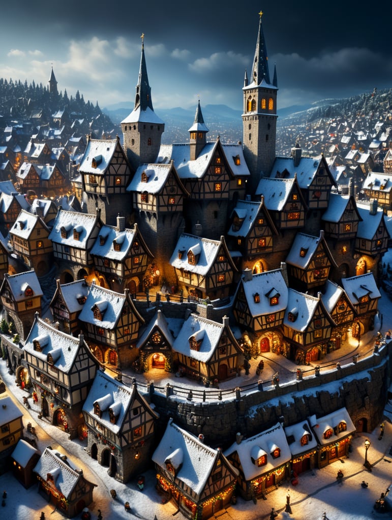 tilt shift photography of a Christmas medieval fantasy miniature city, depth of view, sunny, at night, snowy weather
