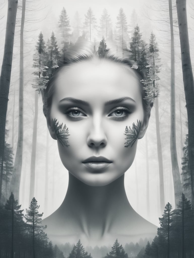 Nordic queen filled with a forest , double exposure, crisp lines, monochrome background