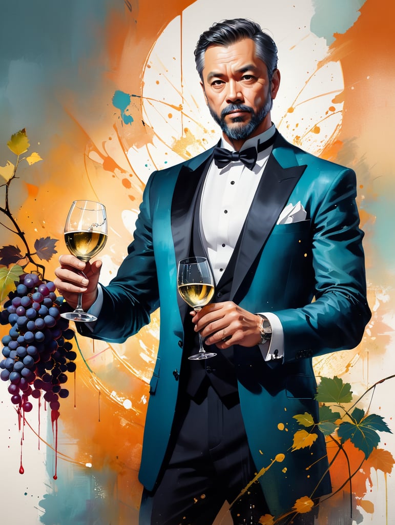 Conductor holding a glass of sparkling wine and grapes around