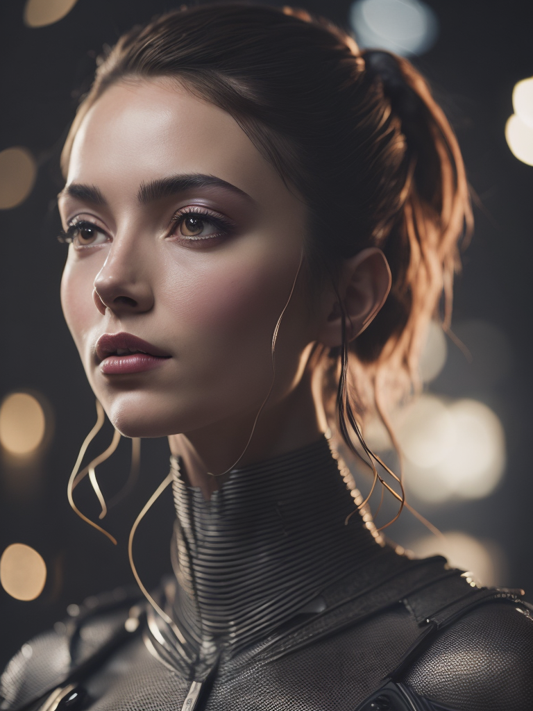 Portrait of a robot girl, enormous lips, transparent neck, porcelain face and head, robotic parts, cyberpunk, cable electric wires, hyperrealistic, fantasy, octane render, intricate, concept art, professional studio lighting
