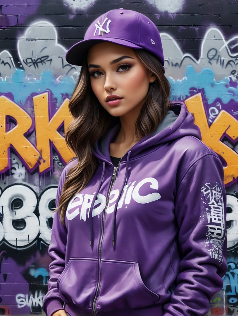 Olivia Culpo in a jacket and hat standing in front of a graffiti wall, in a purple hoodie, graffiti in the background
