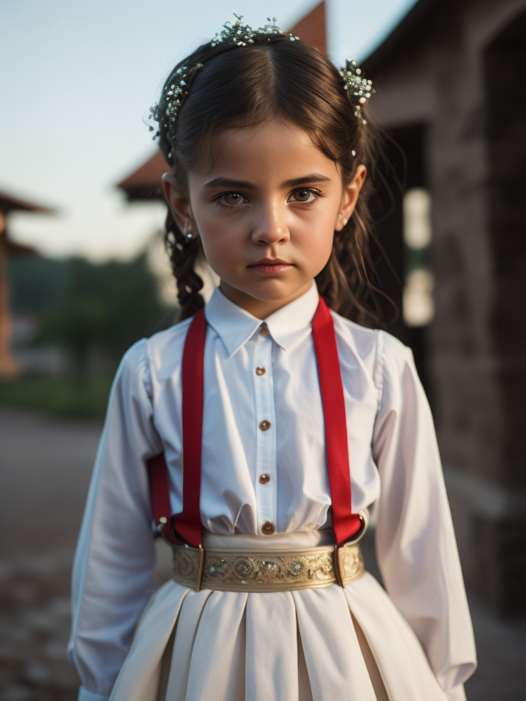 (((pretty, sad 5 year old girl))) from Bulgaria dressed in a (((typical Bulgarian wedding dress with white colored shirt and skirt with dark red suspenders))), (photorealistic: 1.4, realistic), 8k unified CG backgrounds very detailed, 1 child, looking at the viewer, (HQ skin:1.4), 8k uhd, dslr, soft lighting, high quality, film grain, Fujifilm XT3, ((plain and neutral background)). sky blue
