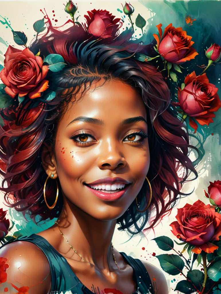 "Generate a stunning, high-resolution image with a watercolor artistic effect of an ultra modern young black woman in a close-up shot, exuding happiness and confidence, surrounded by a vibrant array of velvety dark red roses."