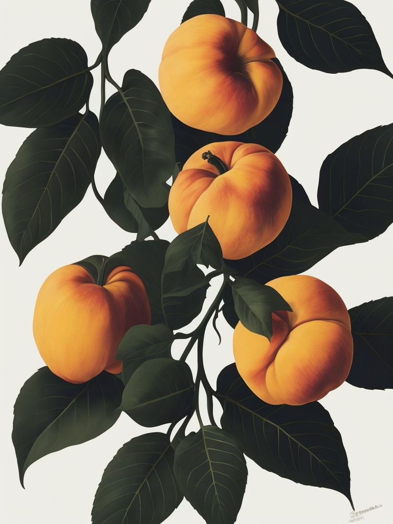 Peaches With Leaves, Flat, Tamara Lempicka, White Background, Art Deco, Photoillustration