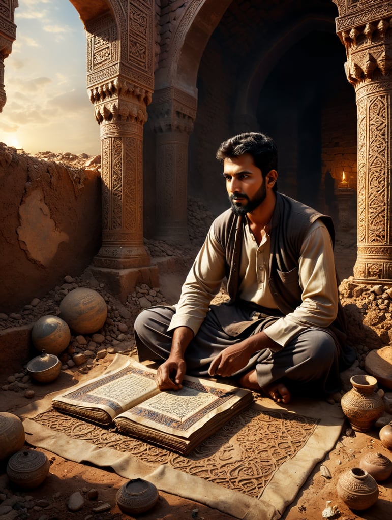 In the vibrant city of Lahore, there lived a young boy named Ali. He was a devout Islamic boy, spending his days reading sacred Islamic texts and praying five times a day. Despite his religious devotion, Ali was also a skilled house builder, known for his craftsmanship. One day, while working on a construction site, he stumbled upon an ancient scroll buried in the earth