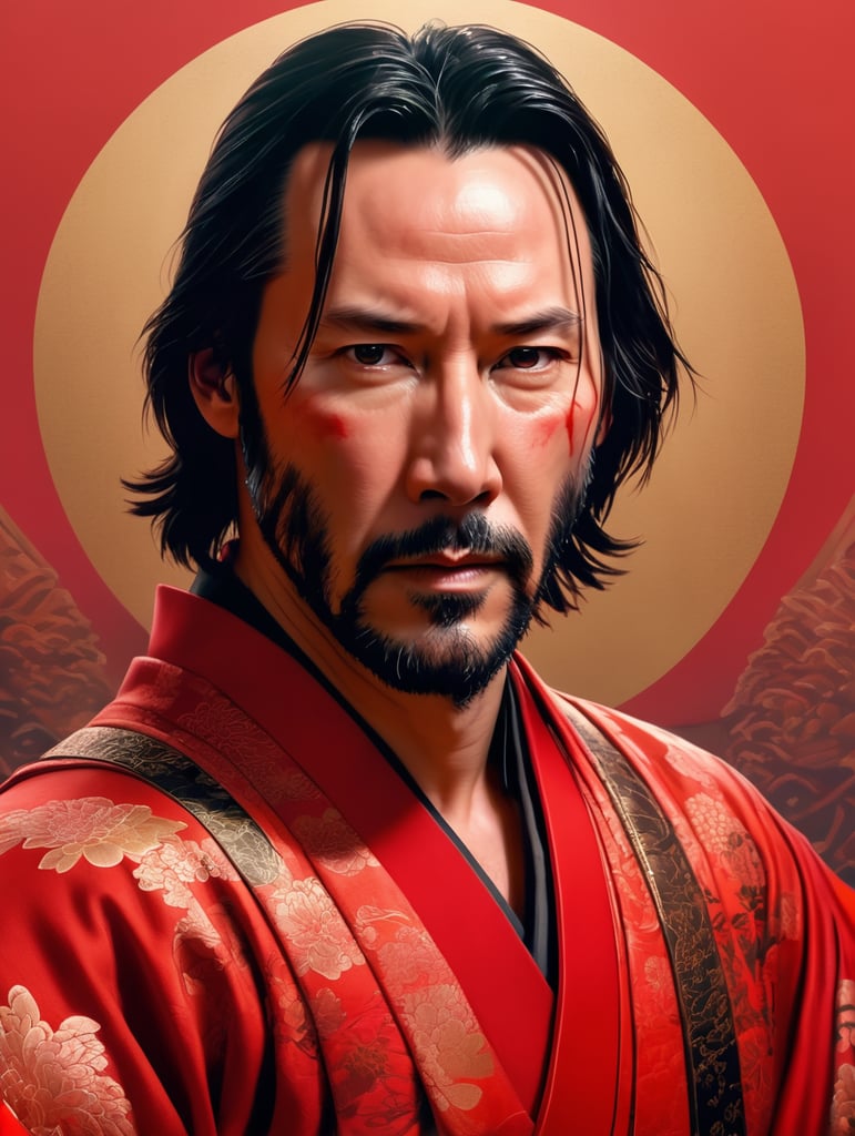 Portrait of Keanu Reeves as a samurai in a red kimono, serious look, detailed background in an oriental style, bright saturated colors