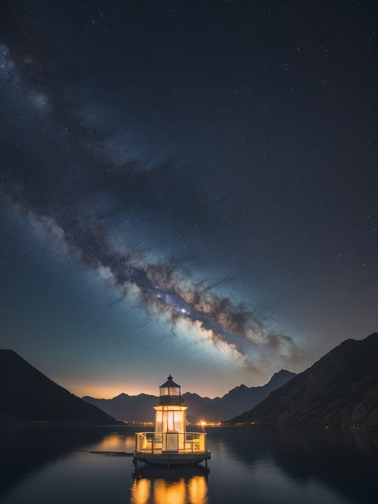 Saturn, milky way, mountains, soft colors, stars, highly detailed, under the water, lighthouse