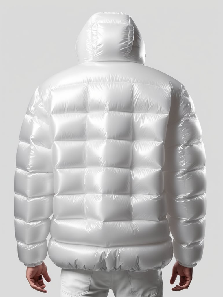 Inflatable white minimalist man's puffer jacket, back view, transparent, isolated, grey background, mockup