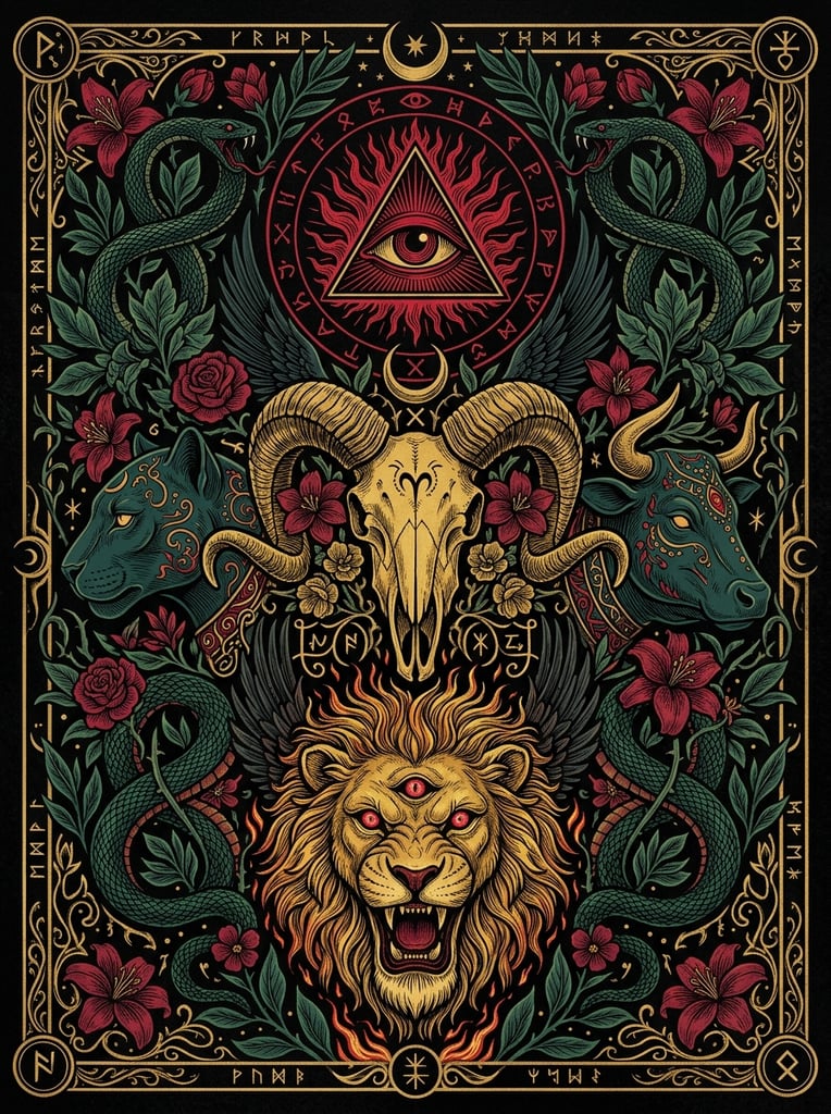 Symmetrical occult illustration on a black background centering a horned ram skull beneath a red single-eye emblem. Dark teal feline and bovine profiles flank the skull above a golden three-eyed lion head. Intricate green leaves, red flora, and coiled snakes densely pack the composition, rendered with detailed line work in a rich gold, crimson, and deep green palette.