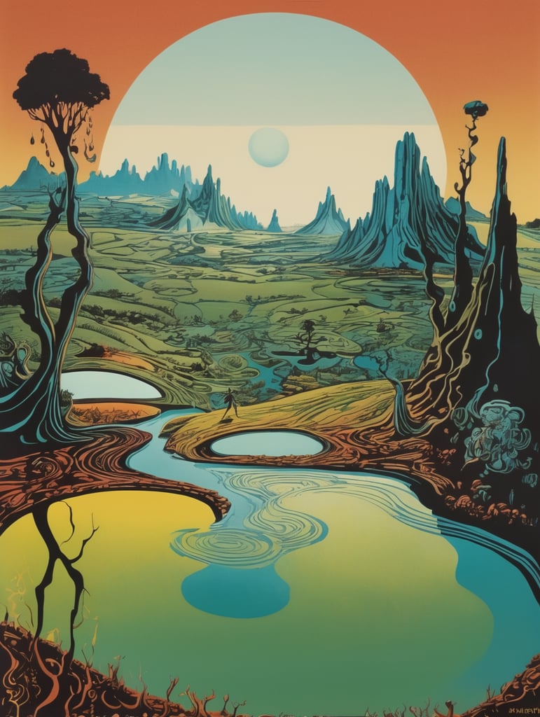 60's Era Jazz Album Cover, Dancing, Psychedelic, Earth, Salvador Dali Large Landscape linocut, surrealism dripping landscape