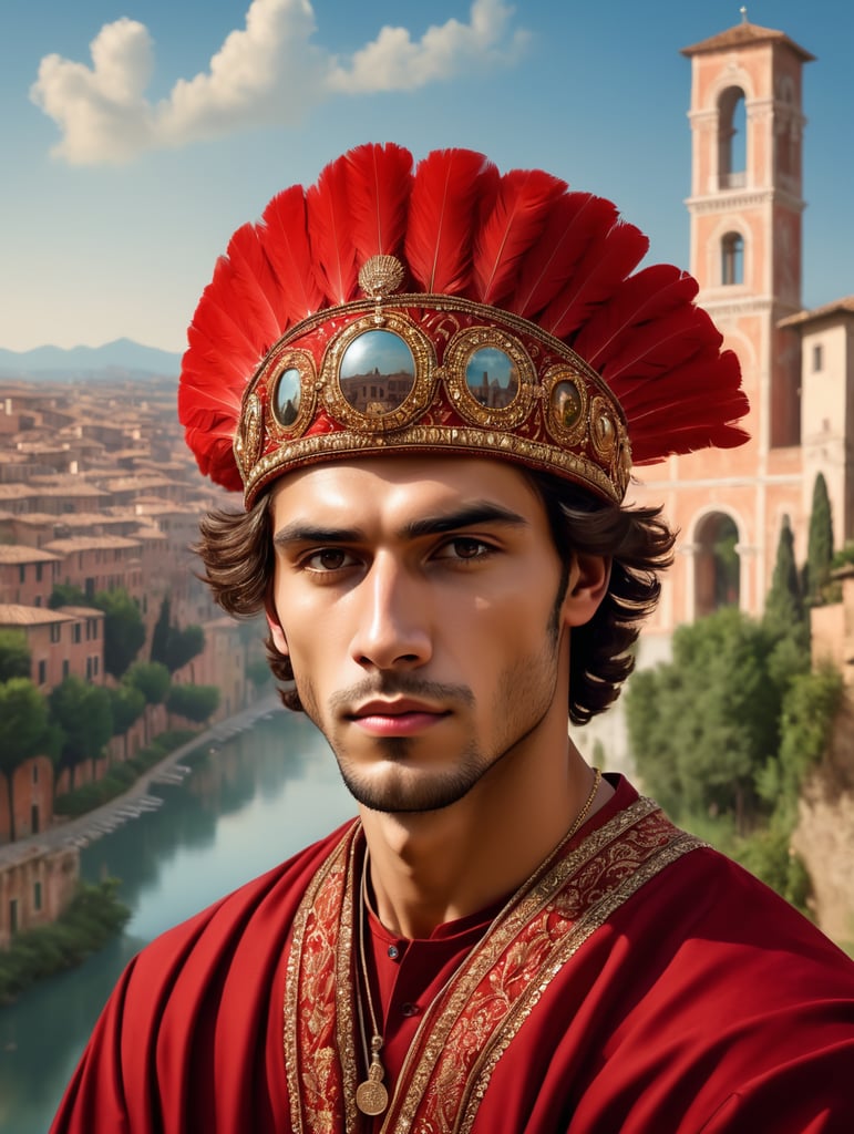 A young man in a headdress and red clothes against the backdrop of an Italian town, style of Alessandro Allori