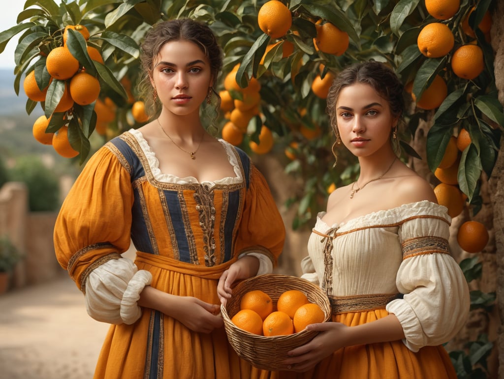 Portrait of a young, dark and beautiful Italian girl growing oranges from Sicily in 17th century Italian folk peasant clothing with a plunging neckline and full breasts, dramatic lighting, depth of field, orange trees in the background. Oranges should have a beautiful, even structure. Incredibly high detail holding fresh oranges in hand