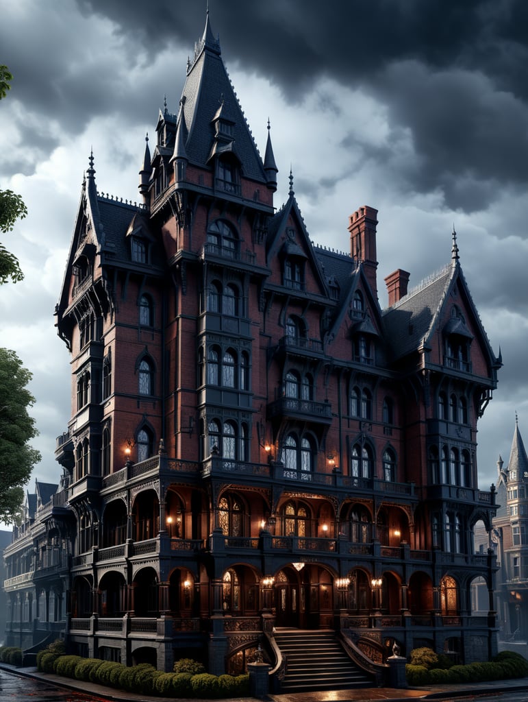 Step into the mind of a madman with a blueprint of Holmes' "Murder Hotel," featuring a unique blend of Gothic architecture and modern horror elements.