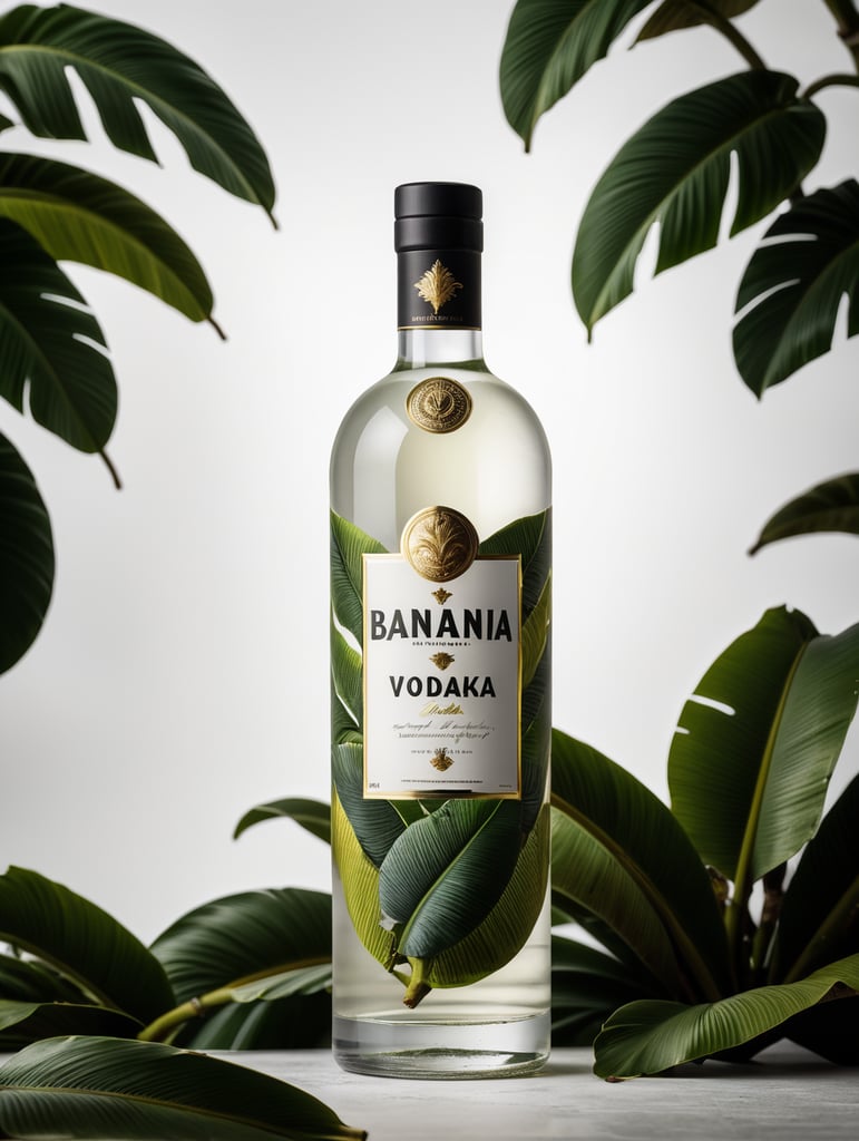 Packaging and branding for a banana vodka brand as if it had been designed by HI ESTUDIO with In a set design with banana, and banana leaves.