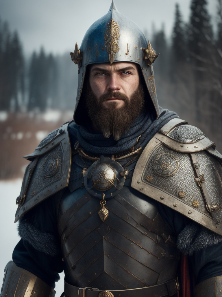 Portrait of a medieval Slavic warrior with a beard, wearing a helmet and chain mail, gray-blue eyes, a face stained with blood, against the backdrop of a winter landscape