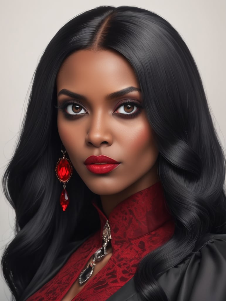 retrato de mujer de cabello negro, en estilo gotico animado y vampiro. Destaca color rojo
