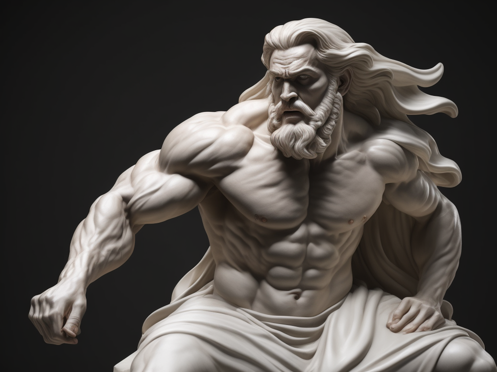 A realistic portrait white greek marble statue of a zeus, black background, angry, photorealistic, movie scene, super detailed, hyperrealistic, full body, rage face, no hands
