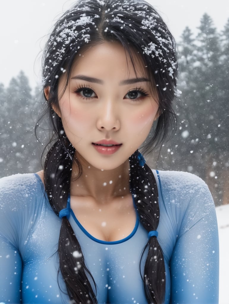 pretty asian girl wearing blue bikini, falling winter snow, beautiful winter landscape