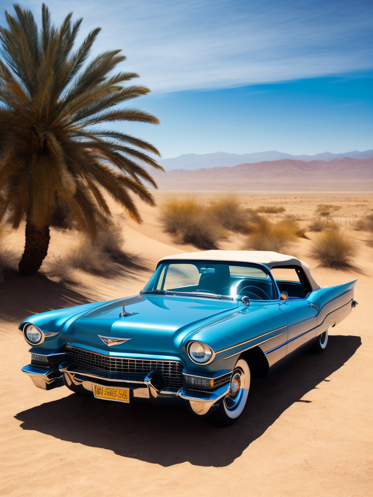 Blue cadillac eldorado 1959 in the desert, dunes on the background, Sunny day, Bright and rich colors, Detailed image