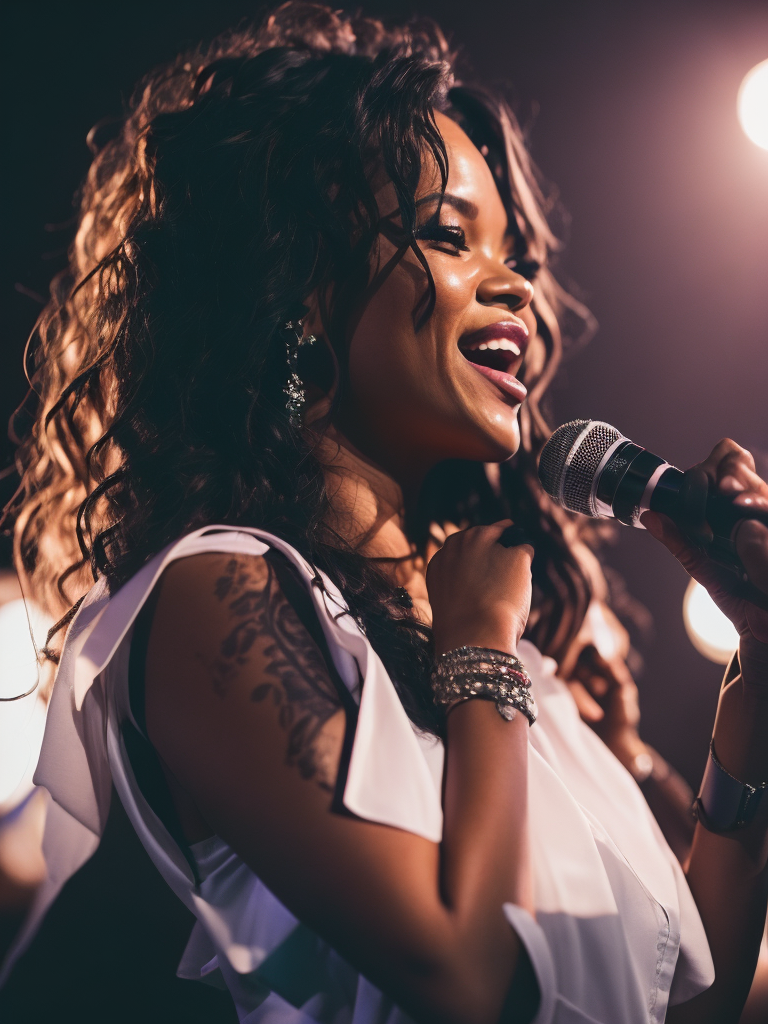 Singer Rihanna sings at a concert, spotlights, bright lights, Vivid saturated colors, Contrast light, professional photo, Detailed image, detailed face,