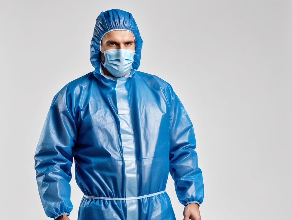 A realistic photo of a man wearing blue medical protective suit, disposable coveralls with breathable fabric, isolated, white background