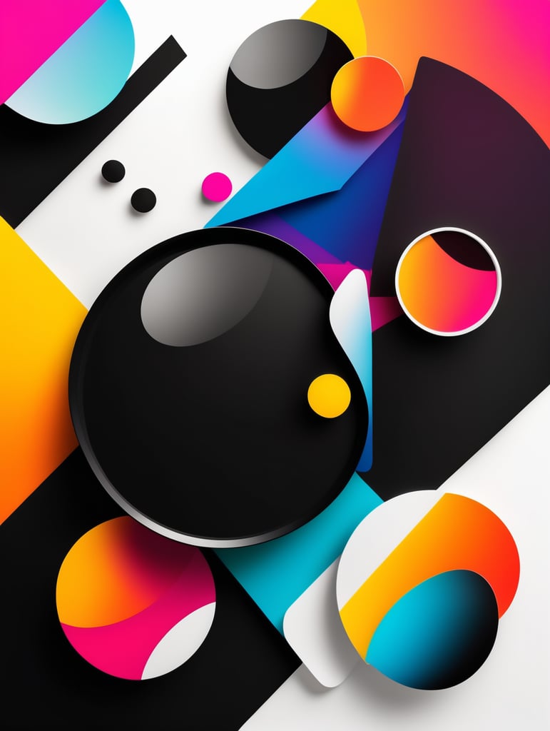 Few, slick shiny abstract shapes, vivid colours, white background, lot of negative space, deep blacks, flat illustration, vector, risograph print