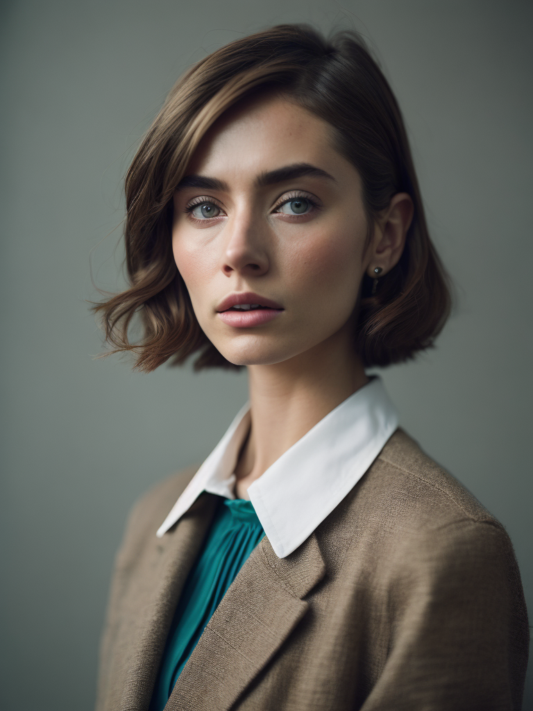 portrait of twenty years old girl with green eyes, Portrait to the waist, sweater tight-fitting figure, 1964 year, sixties, 1960's haircut, Britain culture, light and pastel colours, 8k, kodak film colour, 35mm lens