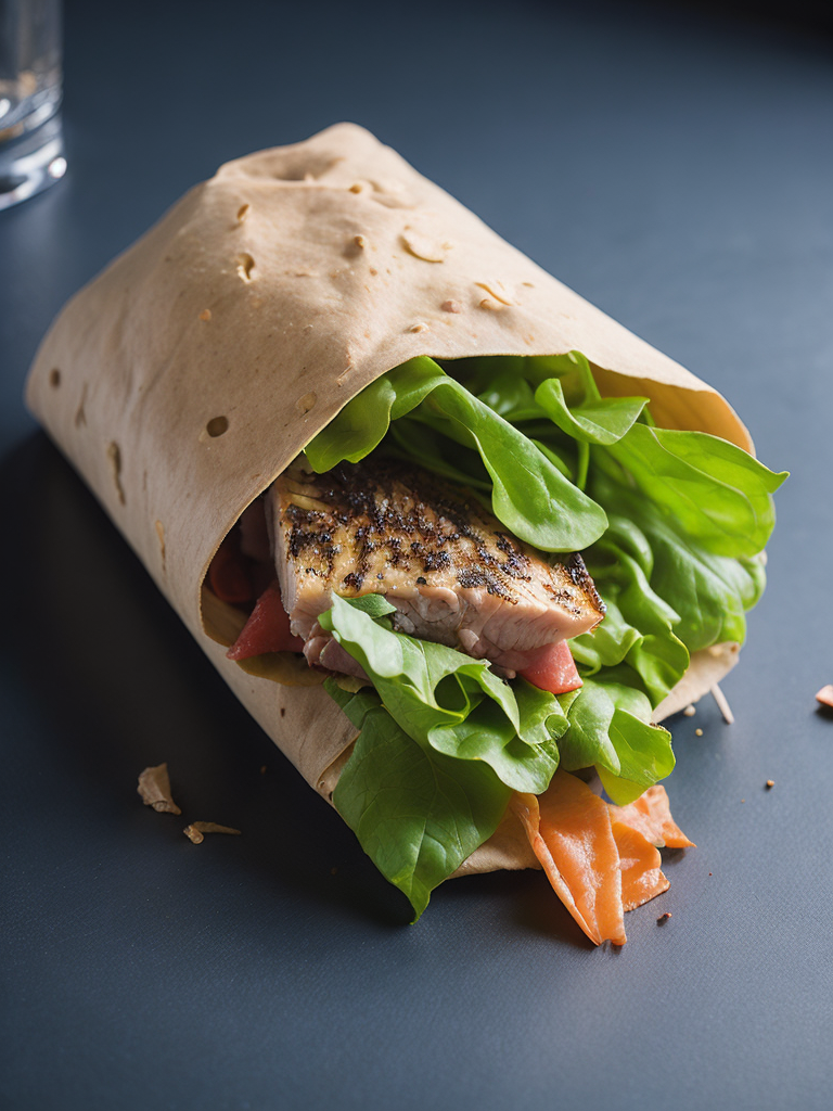 Sandwich wrap with tuna fish, lettuce and cucumber, on a wooden blue table