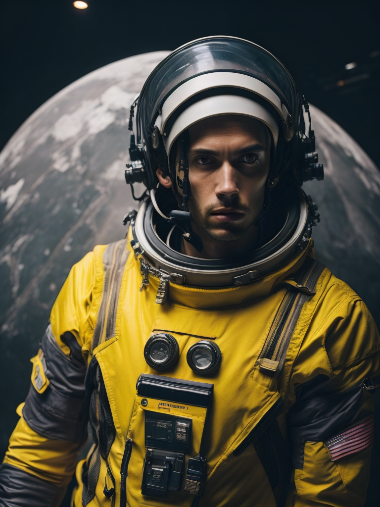 Epic portrait of an male astronaut standing on planet, dark atmosphere, hero pose, thumps up gesture, spaceship in the background, depth of field, incredibly high detailed, vibrant yellow colors, cinematic, Marvel Universe, concept art