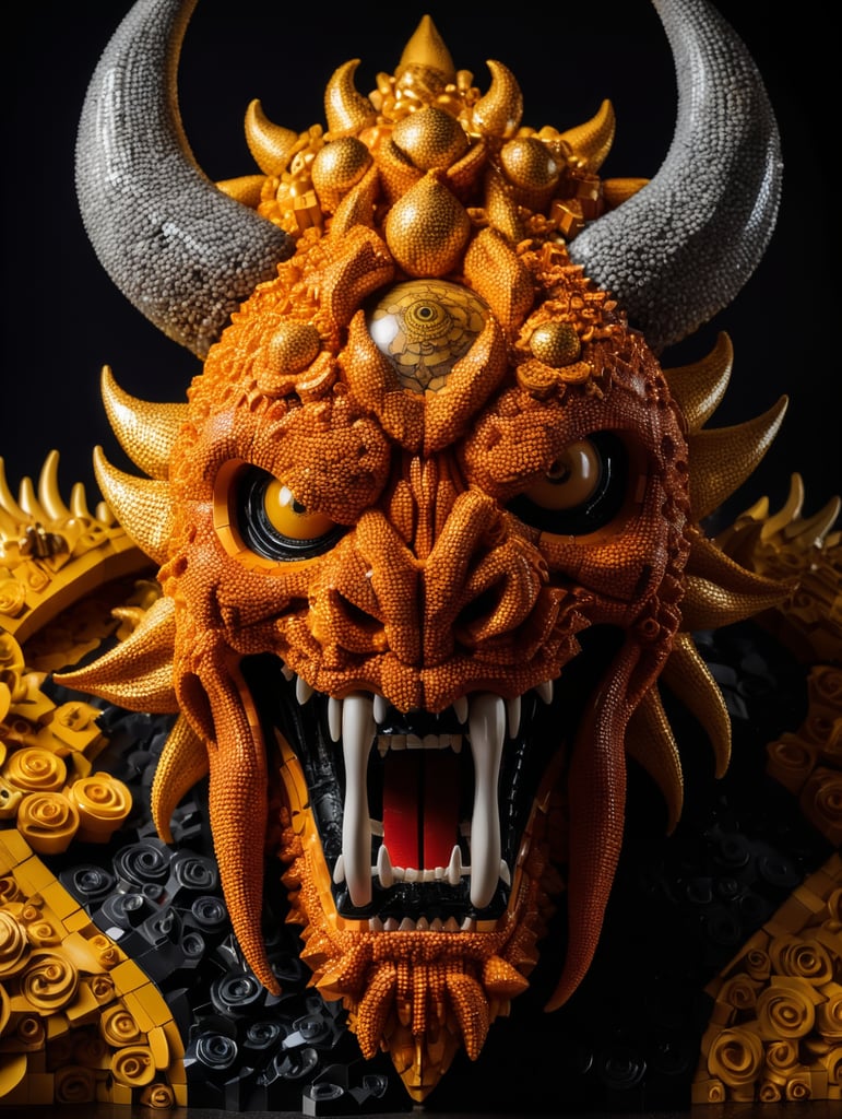 Une grande figurine du démon Lovecraftien Azathoth entièrement constitué de pièces de LEGO, fond noir, photo studio