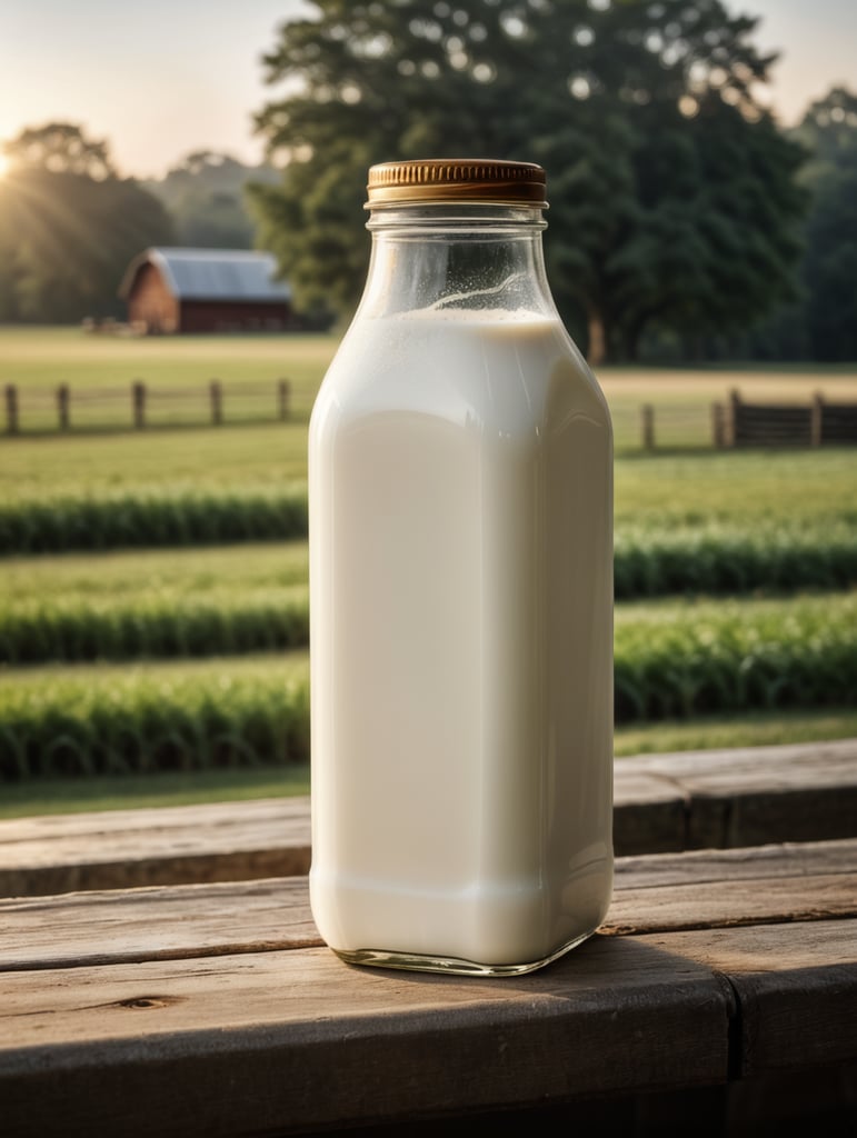 A mockup of a square bottle of milk, early morning, farm blurred background