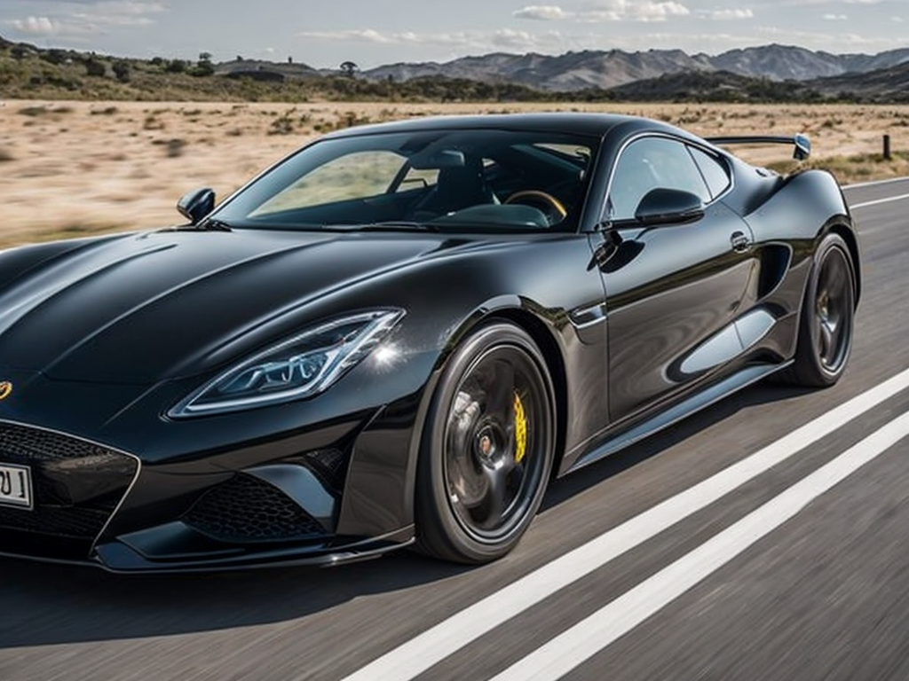 A luxurious sports car in a glossy black finish, speeding on an open road