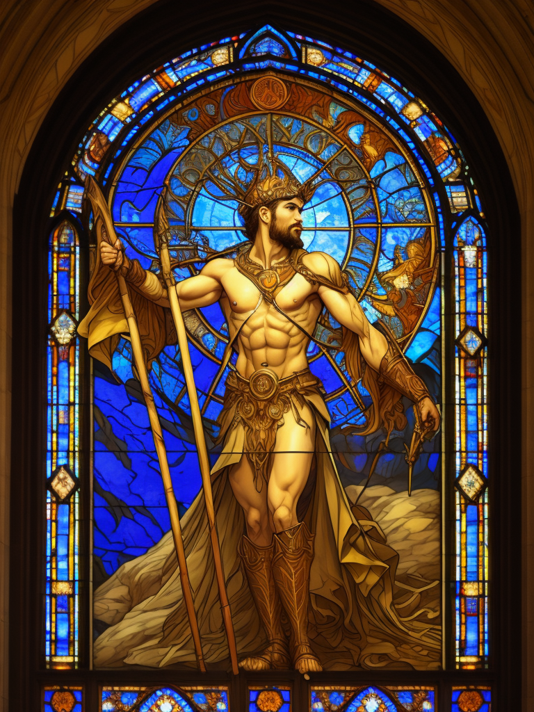 Zodiac signs, man with bow and arrow, stained glass cathedral, alphonse mucha, james jean, erin hanson, hyperdetailed, backlit