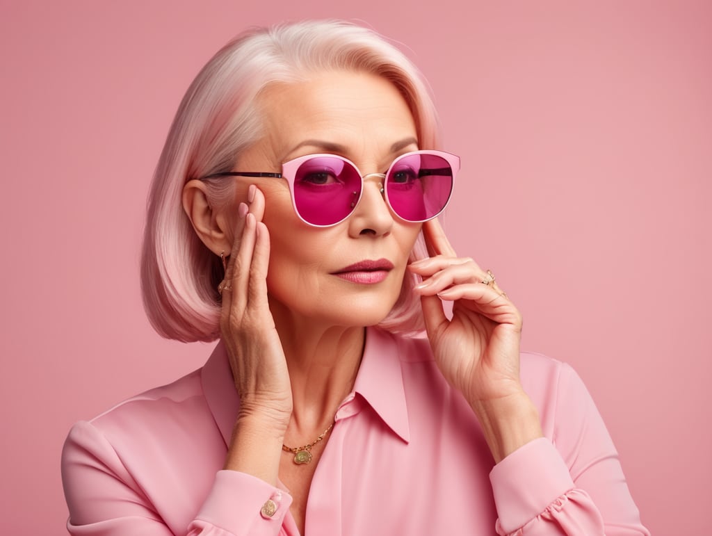 Blonde middle aged woman ponders on something keeps hand near face, pink hair, pink blouse, pink sunglasses, minimalistic style, fashion, mature women, pretty old women, isolated, pink background