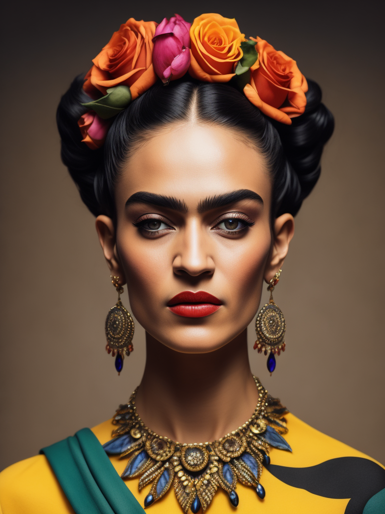 Portrait of Frida Kahlo, bright and saturated colors, elegant, highly detailed, vogue, fashion magazine, sharp focus, bright expressive makeup, dramatic lighting, depth of field, incredibly high detailed, blurred background