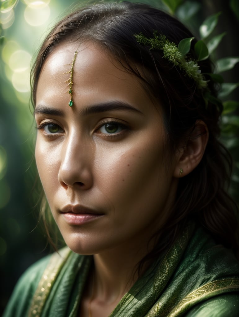 Portrait of a woman experiencing spiritual experience, wrapped green film