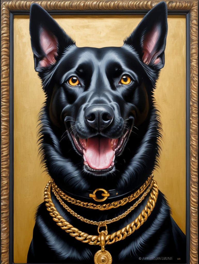 a angry black dog with a gold chain on neck, style of Catherine Nolin, Painting, Acrylic, Oil, Portrait, Interior, USA