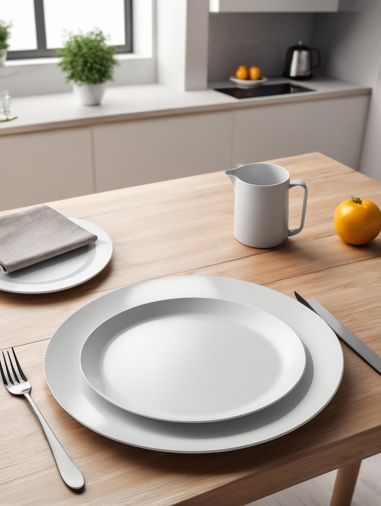 modern kitchen table, empty plate, mockup